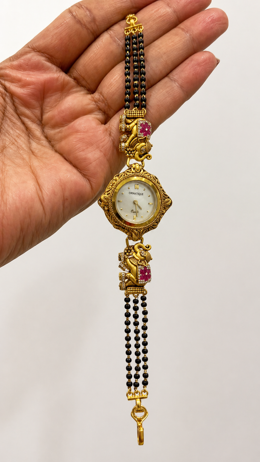 Black Beads Gold Watch From Kempkirti
