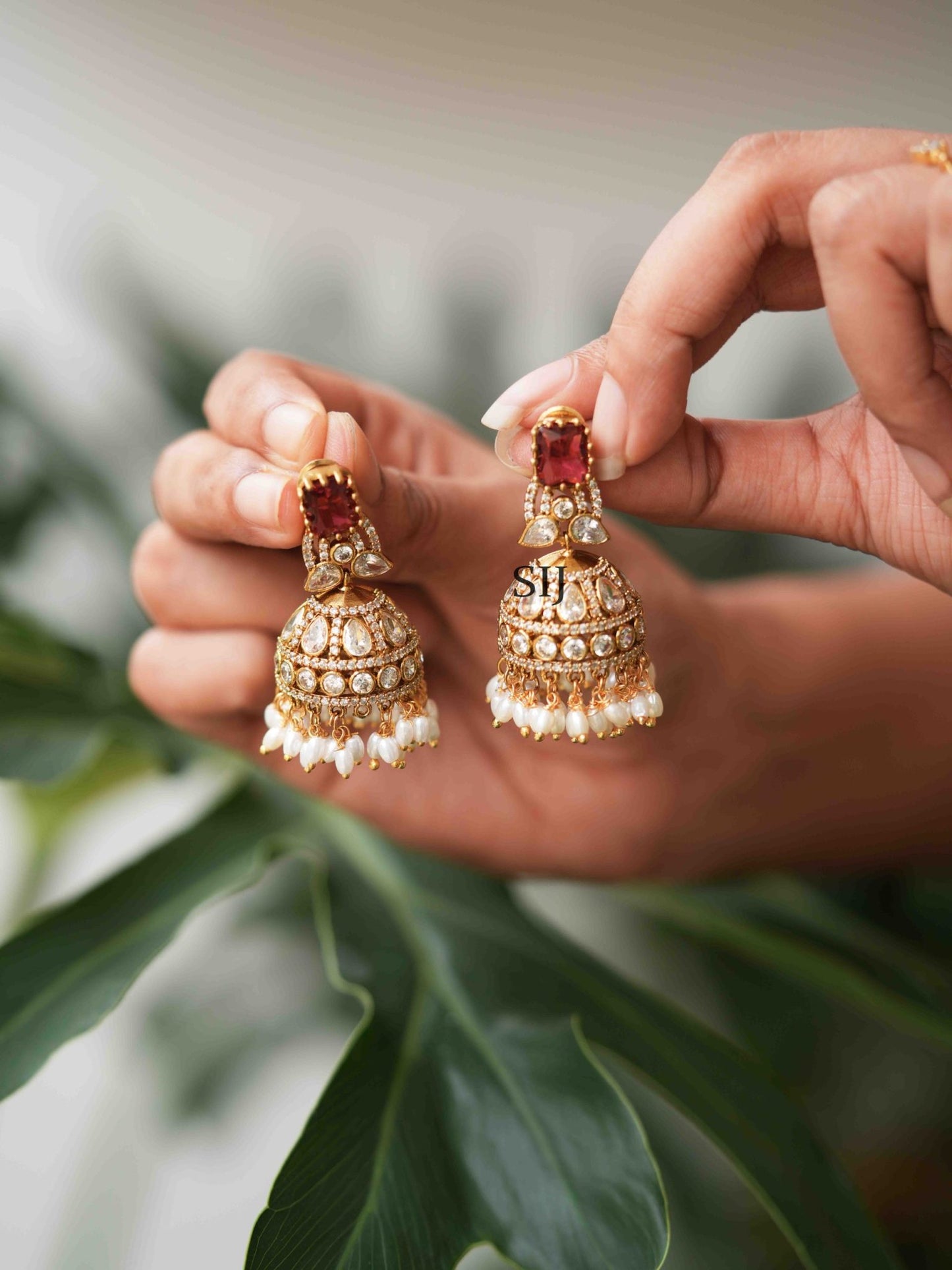 One Gram Gold Ruby Stones Bridal Jhumkas