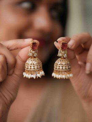 One Gram Gold Ruby Stones Bridal Jhumkas