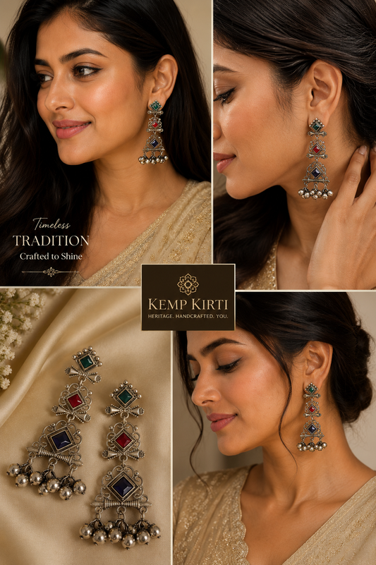 Beautiful Silver Oxidised Antique Multi-Colour Stone Ghunghroo Layered Jhumka Earrings